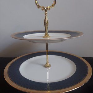 Noritake Odessa Cobalt Gold 2 Tier Serving Tray w/gold hardware